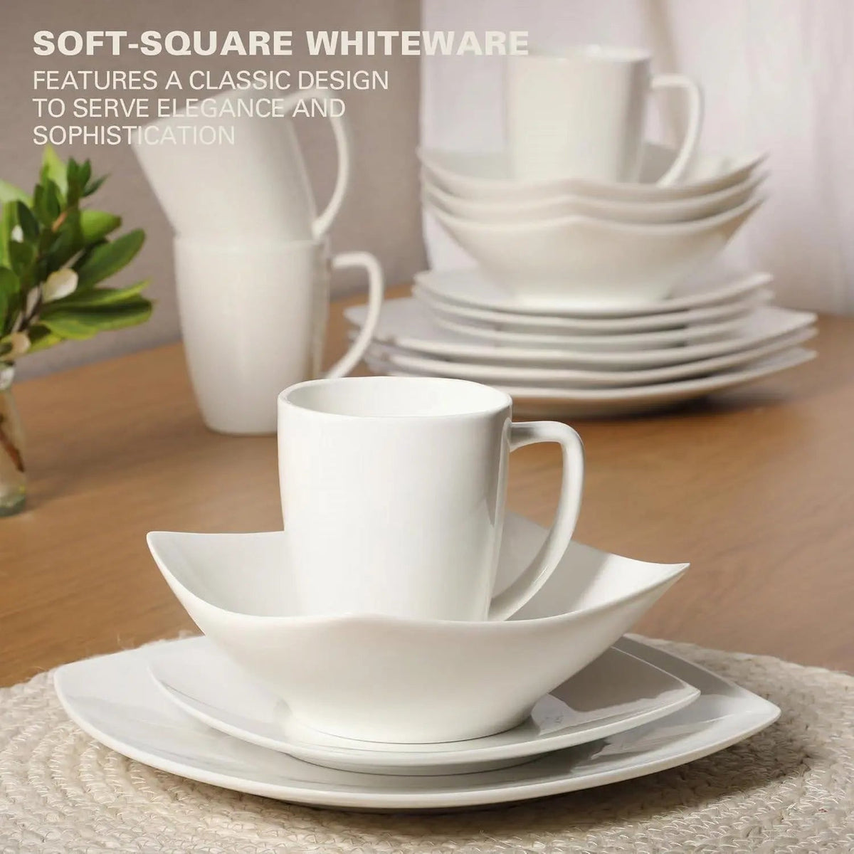 16 Pieces - White Square Porcelain Dinnerware Set - Service for 4 - Get it from Bo