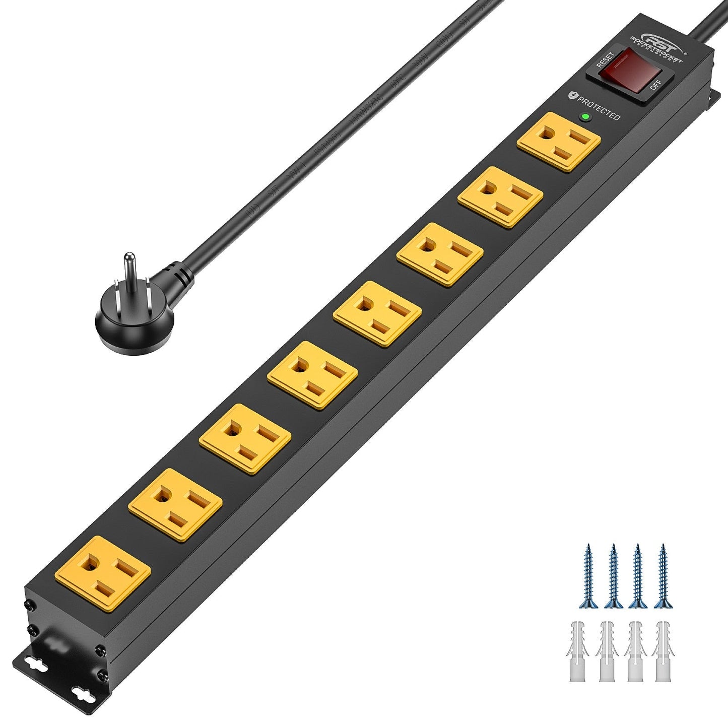 CRST 8 Outlets Wide Spaced Mountable Metal Power Strip Surge Protector 6FT Flat Plug with 2100 Joules Protection and 15Amp Circuit Breaker Included Rocket Socket Technology