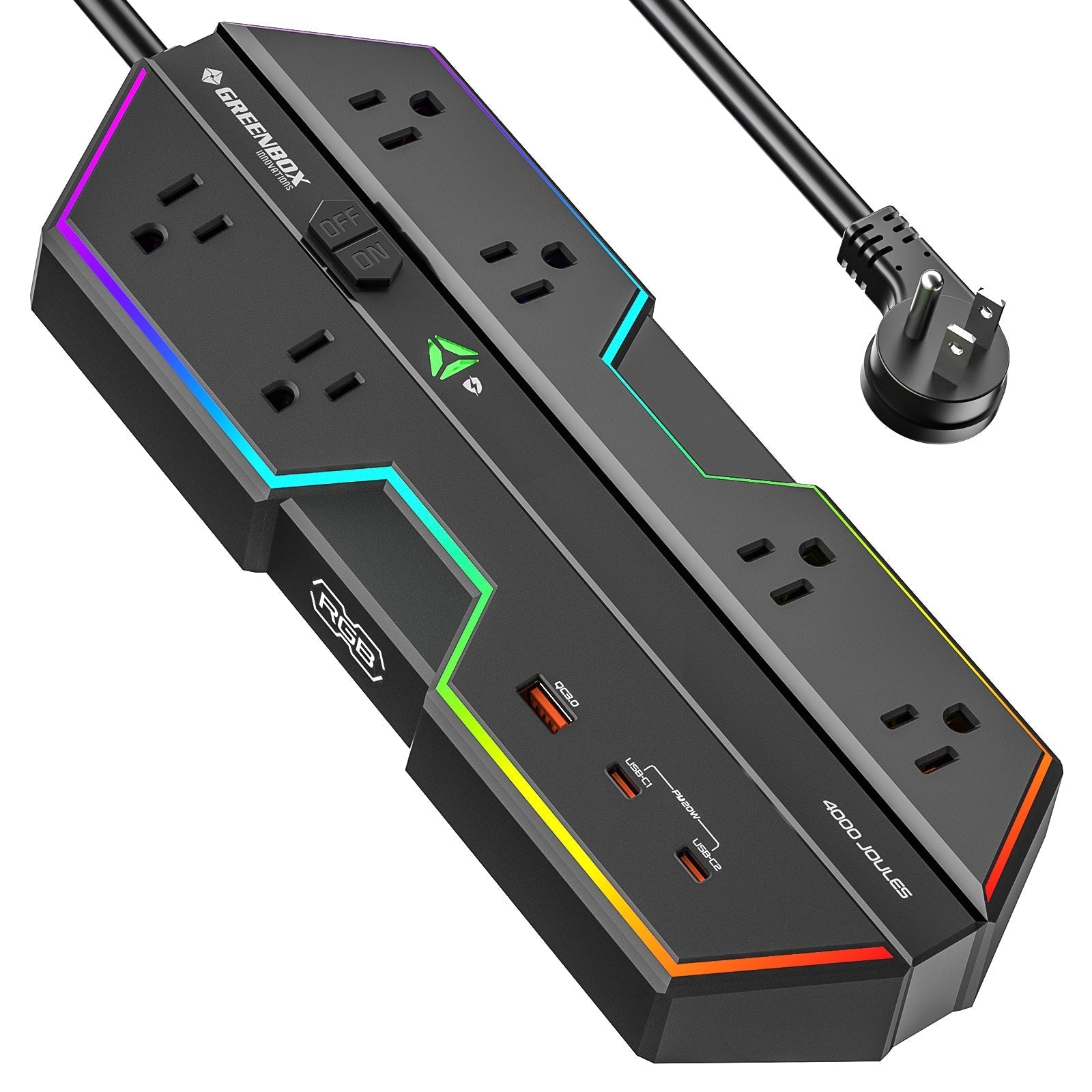 CRST RGB Gaming Power Strip with 6 AC Outlets 1 USB-A & 2 USB-C Ports 4000J Surge Protection 6FT Flat Plug Extension Cord for E-Sports & Gaming PC Ergonomic Design Adjustable RGB Lighting Effect Rocket Socket Technology