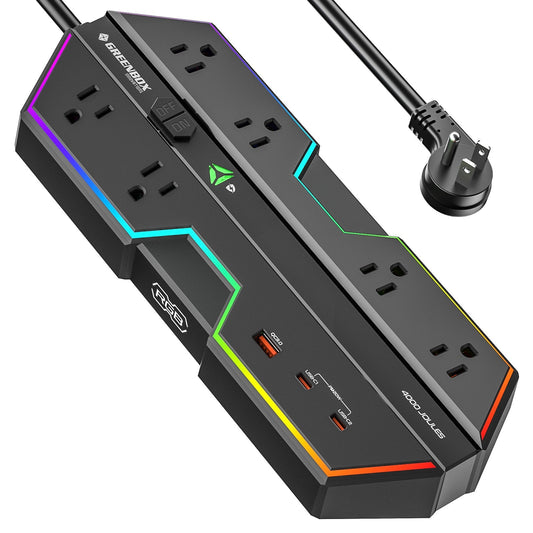 CRST RGB Gaming Power Strip with 6 AC Outlets 1 USB-A & 2 USB-C Ports 4000J Surge Protection 6FT Flat Plug Extension Cord for E-Sports & Gaming PC Ergonomic Design Adjustable RGB Lighting Effect Rocket Socket Technology