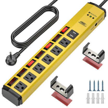 CRST 6 Outlets Individual Switches Mountable Metal Power Strip Surge Protector with Dural USB Ports 6FT Flat Plug Power Cord - Get it from Bo