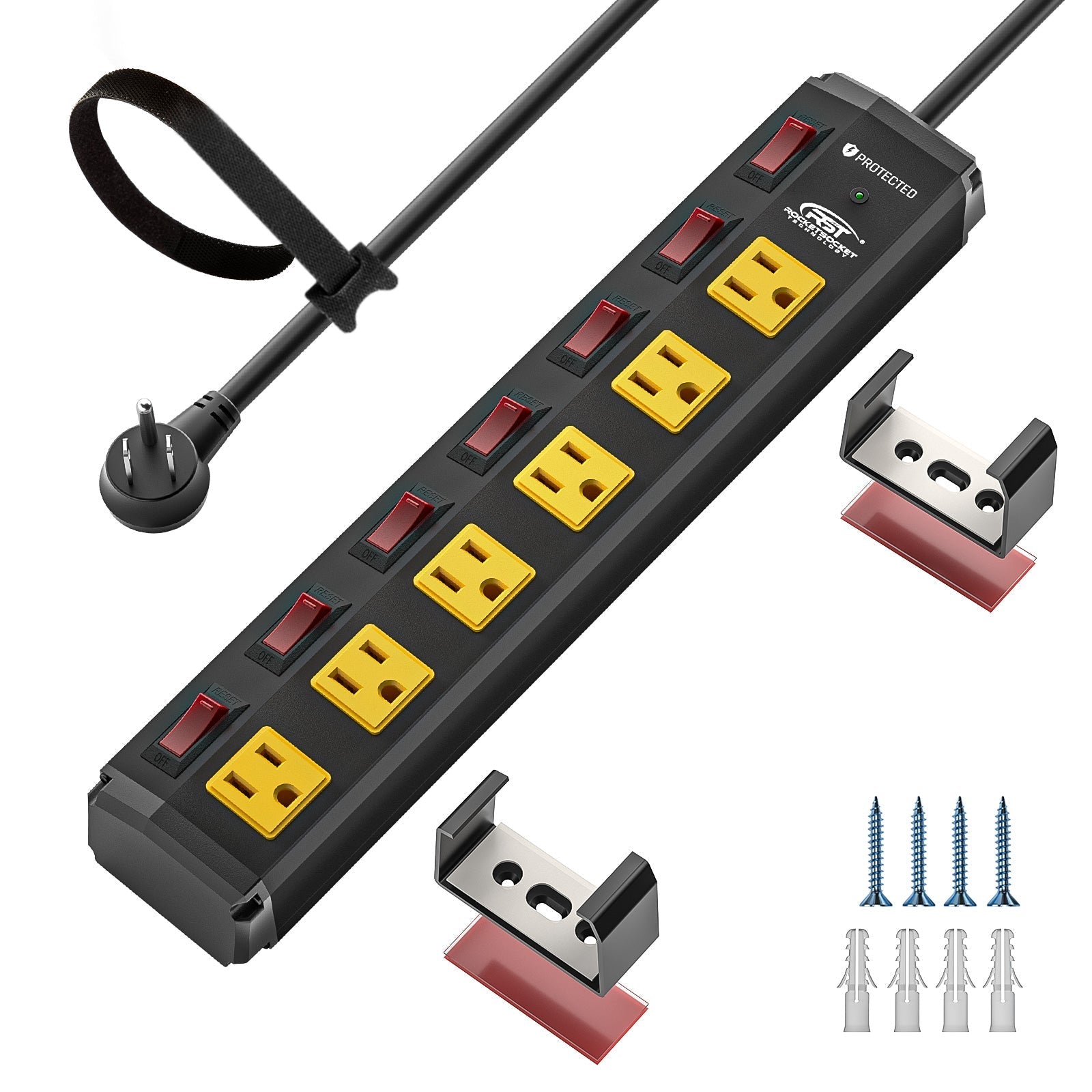 CRST 6 Outlets Individual Switches Mountable Metal Power Strip Surge Protector, 6FT Flat Plug Power Cord Rocket Socket Technology