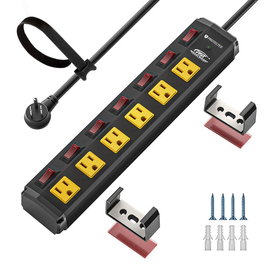 CRST 6 Outlets Individual Switches Mountable Metal Power Strip Surge Protector, 6FT Flat Plug Power Cord Rocket Socket Technology