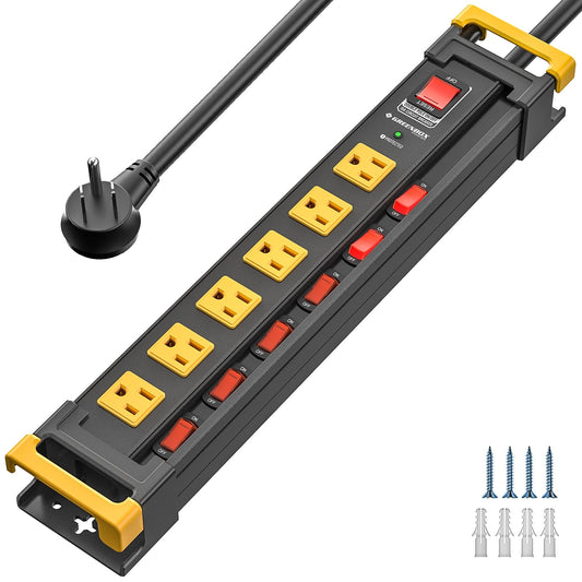 CRST 3300J Mountable Metal Surge Protector Power Strip with Recessed Individual Switches, 6FT Flat Plug Power Cord,  ETL Listed Rocket Socket Technology