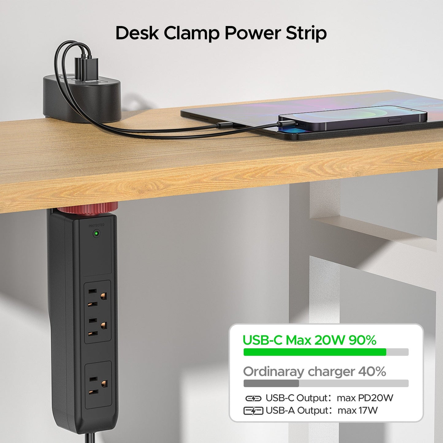 CRST Desk Clamp Surge Protector Power Strip with USB-C Port 6FT Extension Cord Flat Plug 1020J Protection Fits Tables Up to 2 Inches 36 Months Warranty - Get it from Bo