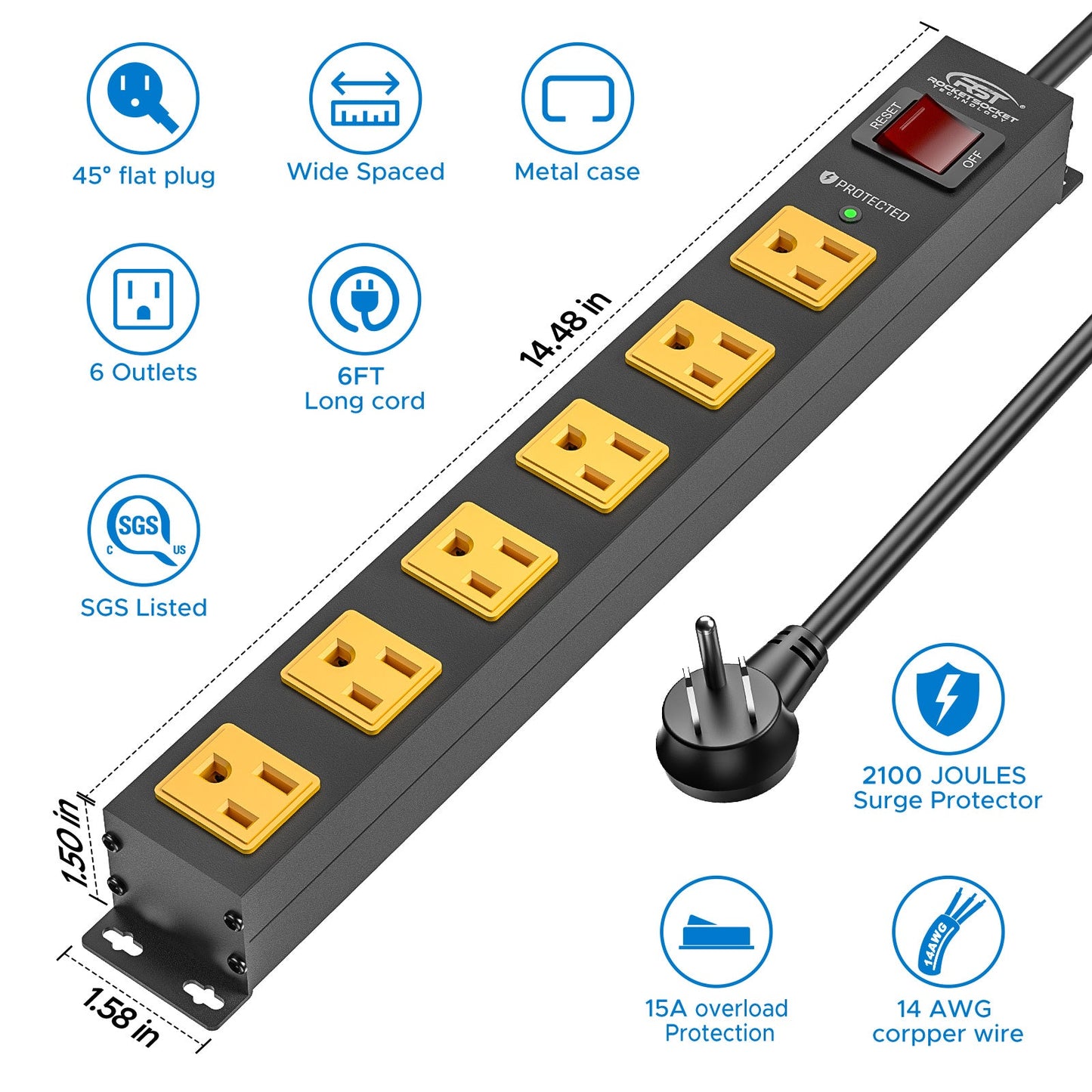 CRST 6 Outlets Wide Spaced Mountable Metal Power Strip Surge Protector, 6FT Flat Plug Power Cord, Mounting Kits Included - Get it from Bo