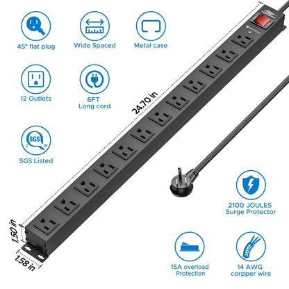 CRST 12 Outlets Wide Spaced Mountable Metal Power Strip Surge Protector, Optional 15FT or 6FT Flat Plug Power Cord Rocket Socket Technology