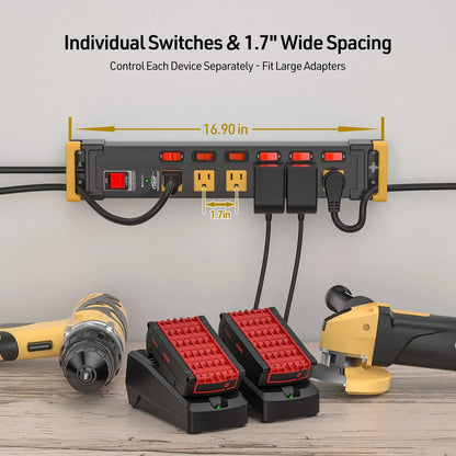 CRST Mountable 6-Outlets Individual Switches Metal Power Strip Surge Protector with Cord Holder 6FT Flat Plug Power Cord  1020J Protection 36 Months Warranty Rocket Socket Technology