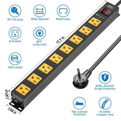 CRST 8 Outlets Wide Spaced Mountable Metal Power Strip Surge Protector 6FT Flat Plug with 2100 Joules Protection and 15Amp Circuit Breaker Included Rocket Socket Technology