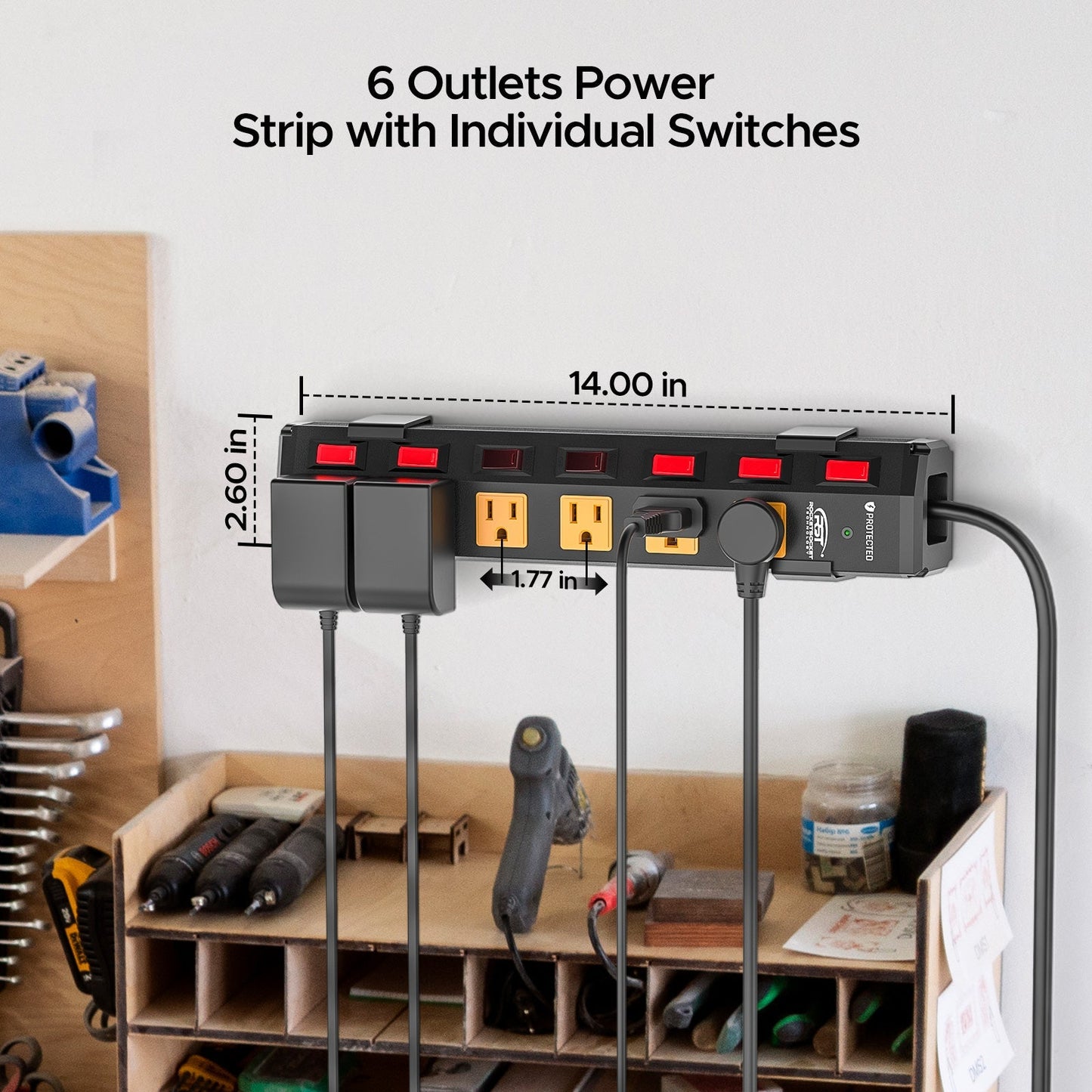 CRST 6 Outlets Individual Switches Mountable Metal Power Strip Surge Protector, 6FT Flat Plug Power Cord Rocket Socket Technology