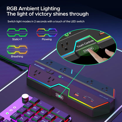 CRST RGB Gaming Power Strip with 6 AC Outlets 1 USB-A & 2 USB-C Ports 4000J Surge Protection 6FT Flat Plug Extension Cord for E-Sports & Gaming PC Ergonomic Design Adjustable RGB Lighting Effect Rocket Socket Technology