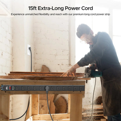 CRST 12 Outlets Wide Spaced Mountable Metal Power Strip Surge Protector, Optional 15FT or 6FT Flat Plug Power Cord Rocket Socket Technology