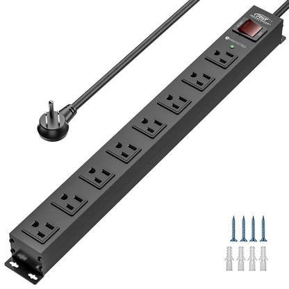 CRST 8 Outlets Wide Spaced Mountable Metal Power Strip Surge Protector 6FT Flat Plug with 2100 Joules Protection and 15Amp Circuit Breaker Included Rocket Socket Technology