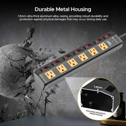 CRST 6 Outlets Individual Switches Mountable Metal Power Strip Surge Protector, 6FT Flat Plug Power Cord Rocket Socket Technology