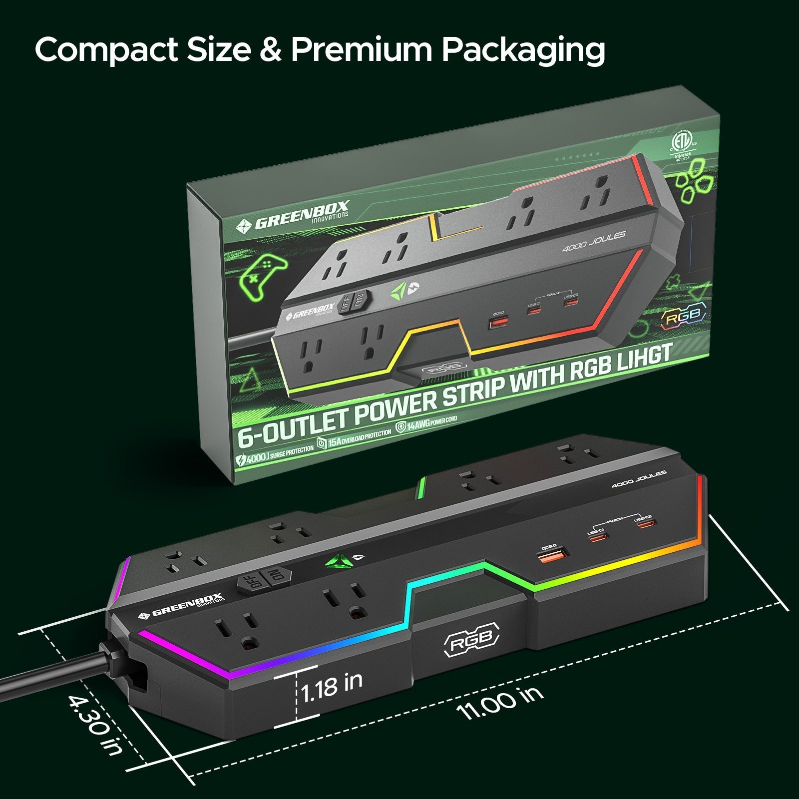 CRST RGB Gaming Power Strip with 6 AC Outlets 1 USB-A & 2 USB-C Ports 4000J Surge Protection 6FT Flat Plug Extension Cord for E-Sports & Gaming PC Ergonomic Design Adjustable RGB Lighting Effect Rocket Socket Technology