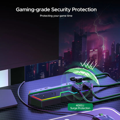 CRST RGB Gaming Power Strip with 6 AC Outlets 1 USB-A & 2 USB-C Ports 4000J Surge Protection 6FT Flat Plug Extension Cord for E-Sports & Gaming PC Ergonomic Design Adjustable RGB Lighting Effect Rocket Socket Technology