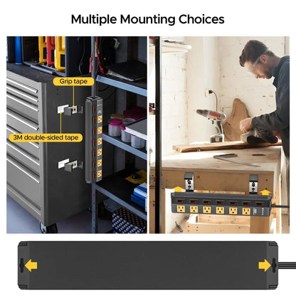 CRST 6 Outlets Individual Switches Mountable Metal Power Strip Surge Protector, 6FT Flat Plug Power Cord Rocket Socket Technology