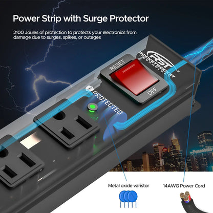 CRST 12 Outlets Wide Spaced Mountable Metal Power Strip Surge Protector, Optional 15FT or 6FT Flat Plug Power Cord Rocket Socket Technology