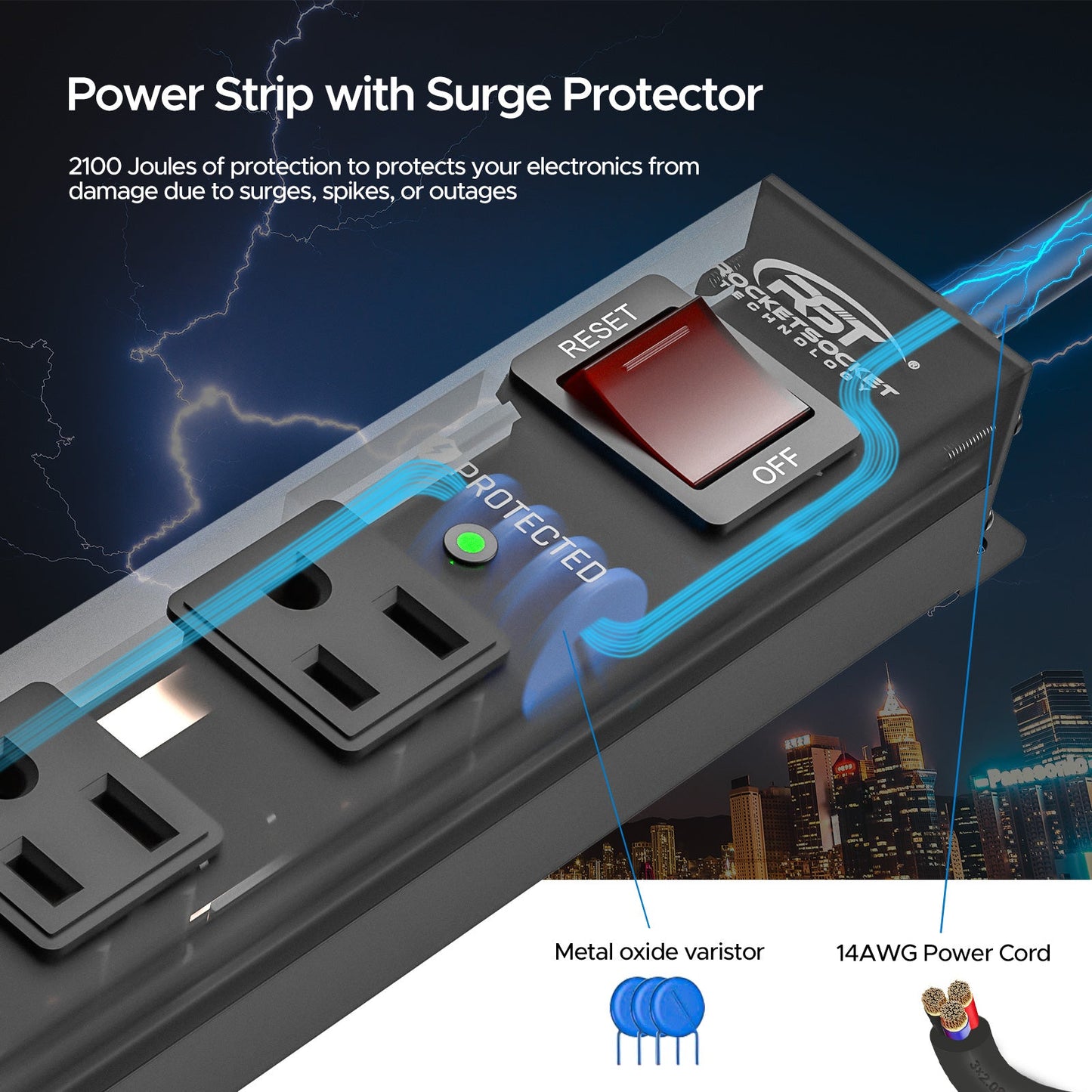 CRST 6 Outlets Wide Spaced Mountable Metal Power Strip Surge Protector, 6FT Flat Plug Power Cord, Mounting Kits Included - Get it from Bo