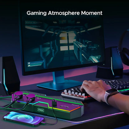 CRST RGB Gaming Power Strip with 6 AC Outlets 1 USB-A & 2 USB-C Ports 4000J Surge Protection 6FT Flat Plug Extension Cord for E-Sports & Gaming PC Ergonomic Design Adjustable RGB Lighting Effect Rocket Socket Technology