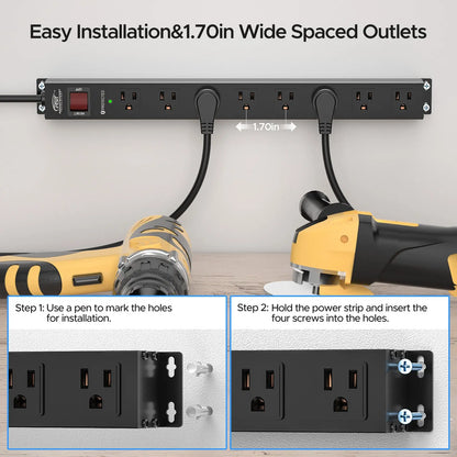 CRST 8 Outlets Wide Spaced Mountable Metal Power Strip Surge Protector 6FT Flat Plug with 2100 Joules Protection and 15Amp Circuit Breaker Included Rocket Socket Technology