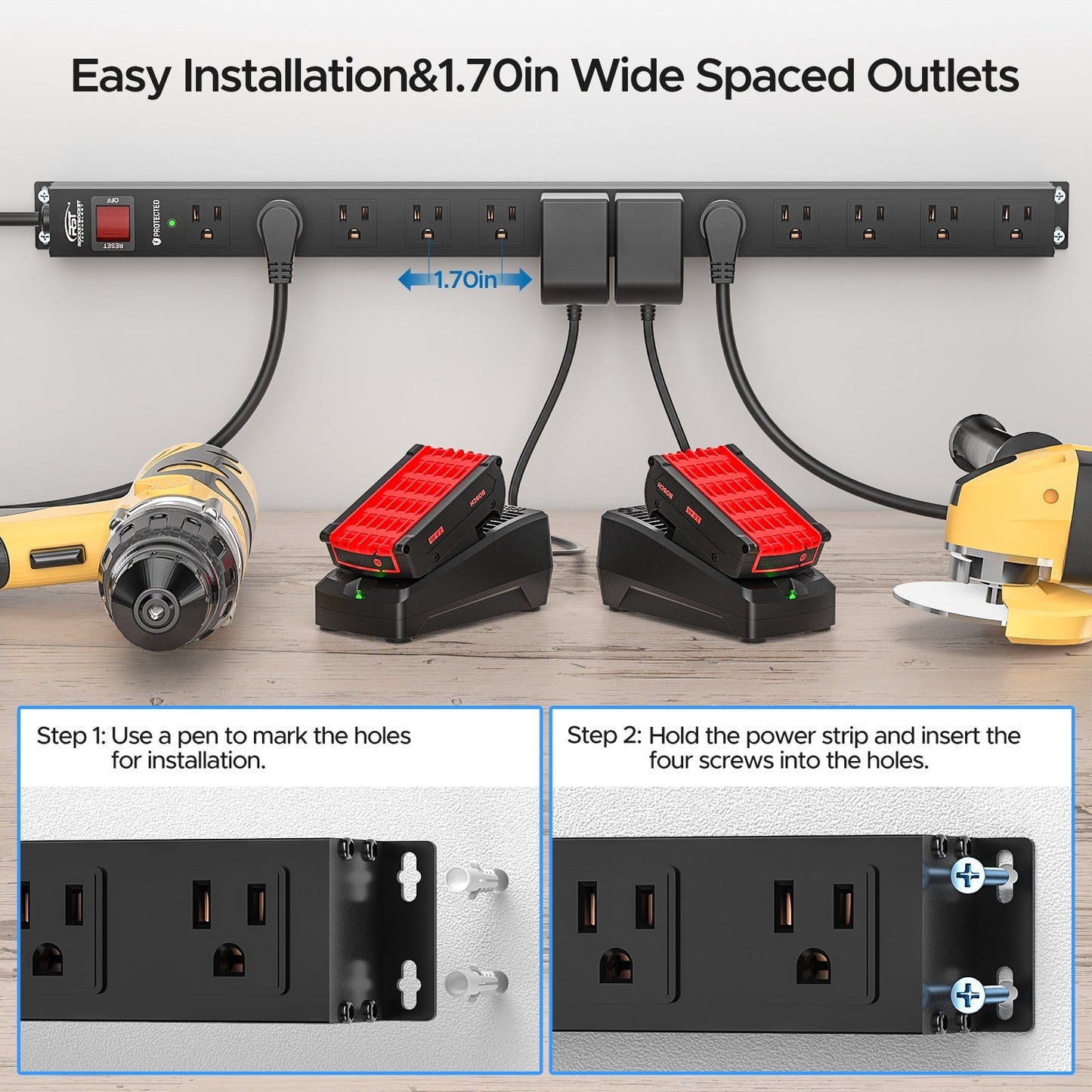 CRST 12 Outlets Wide Spaced Mountable Metal Power Strip Surge Protector, Optional 15FT or 6FT Flat Plug Power Cord Rocket Socket Technology