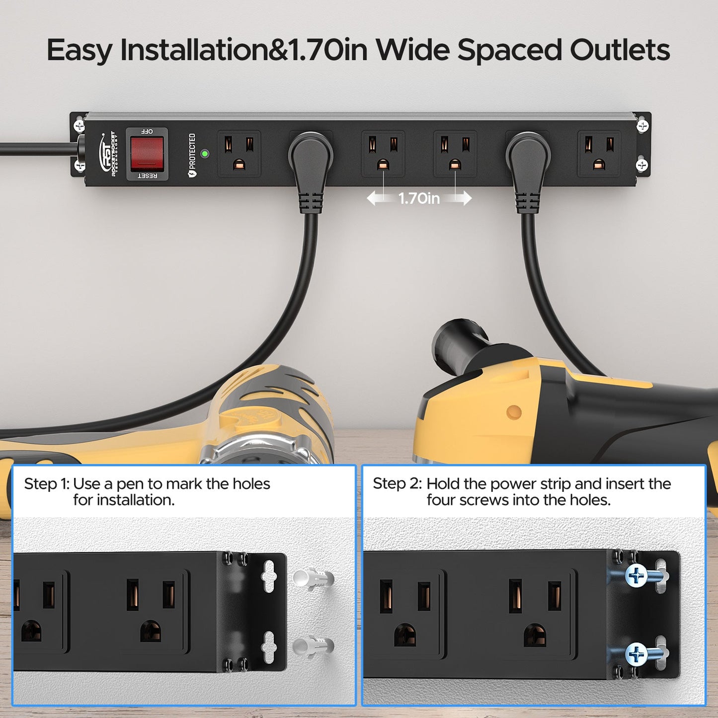 CRST 6 Outlets Wide Spaced Mountable Metal Power Strip Surge Protector, 6FT Flat Plug Power Cord, Mounting Kits Included - Get it from Bo