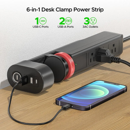 CRST Desk Clamp Surge Protector Power Strip with USB-C Port 6FT Extension Cord Flat Plug 1020J Protection Fits Tables Up to 2 Inches 36 Months Warranty - Get it from Bo