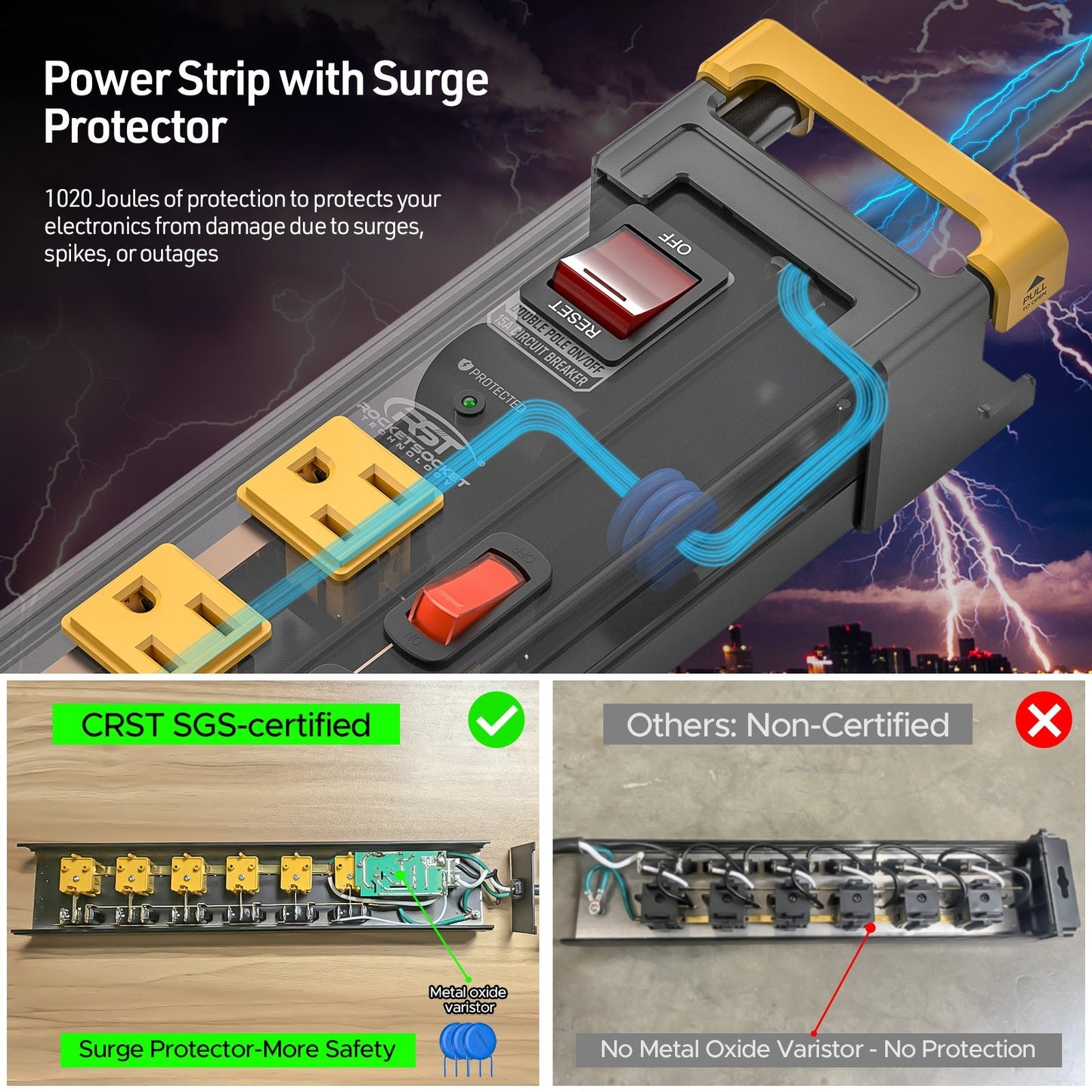CRST Mountable 6-Outlets Individual Switches Metal Power Strip Surge Protector with Cord Holder 6FT Flat Plug Power Cord  1020J Protection 36 Months Warranty Rocket Socket Technology