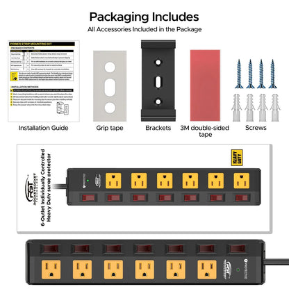 CRST 6 Outlets Individual Switches Mountable Metal Power Strip Surge Protector, 6FT Flat Plug Power Cord Rocket Socket Technology