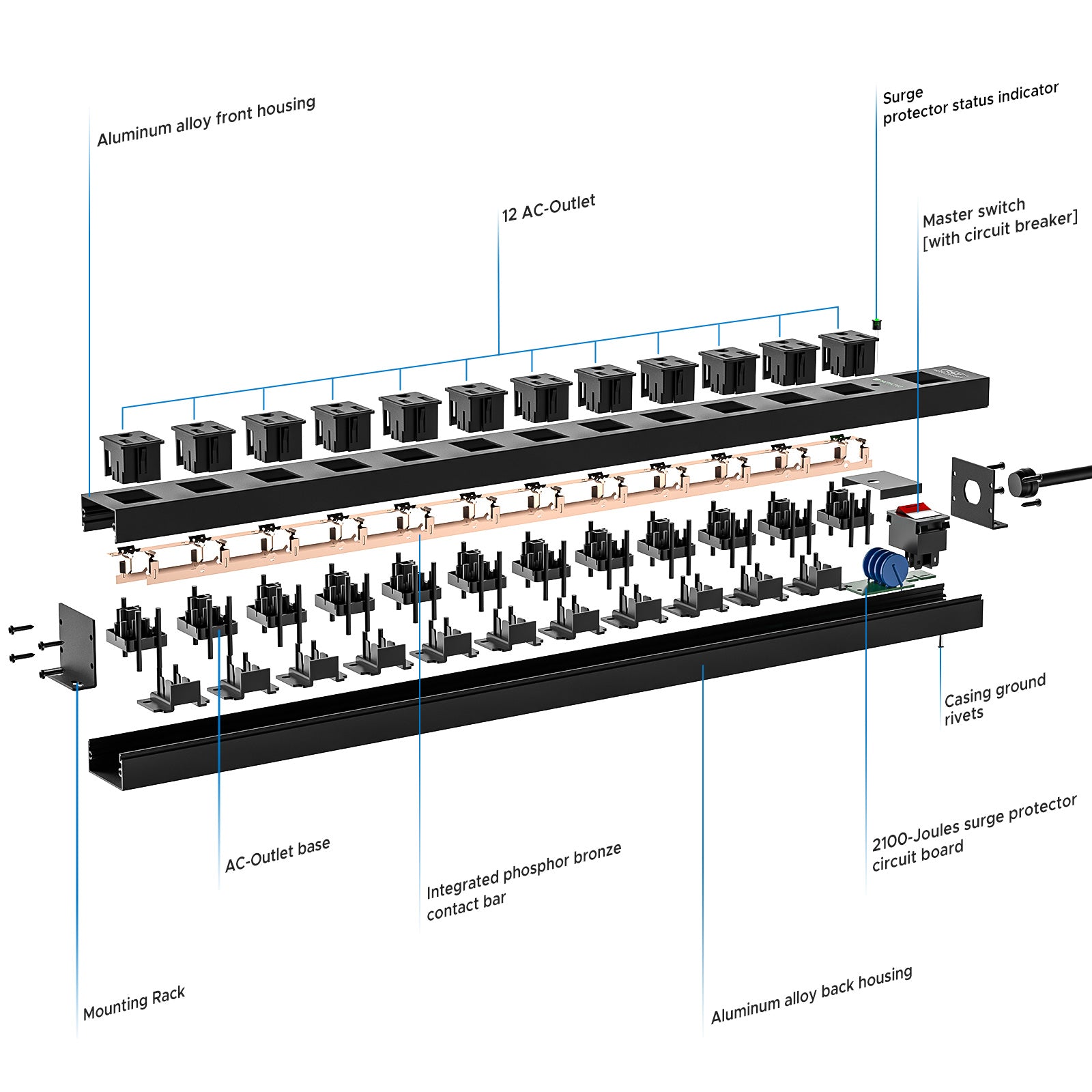 CRST 12 Outlets Wide Spaced Mountable Metal Power Strip Surge Protector, Optional 15FT or 6FT Flat Plug Power Cord Rocket Socket Technology