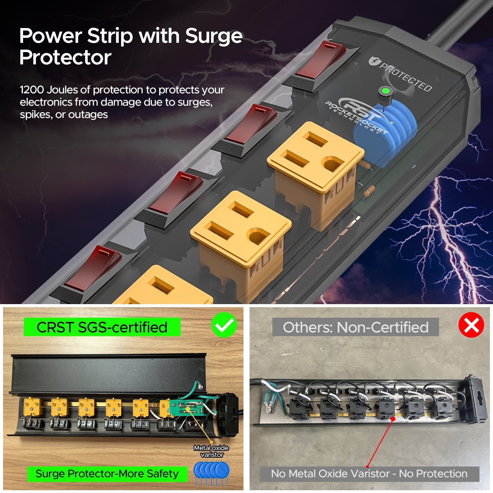 CRST 6 Outlets Individual Switches Mountable Metal Power Strip Surge Protector, 6FT Flat Plug Power Cord Rocket Socket Technology