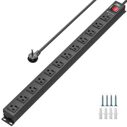 CRST 12 Outlets Wide Spaced Mountable Metal Power Strip Surge Protector, Optional 15FT or 6FT Flat Plug Power Cord Rocket Socket Technology