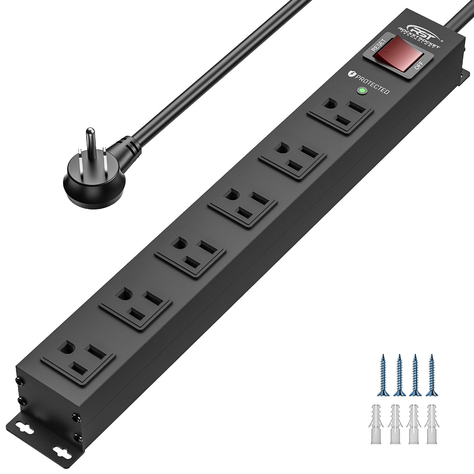CRST 6 Outlets Wide Spaced Mountable Metal Power Strip Surge Protector, 6FT Flat Plug Power Cord, Mounting Kits Included - Get it from Bo
