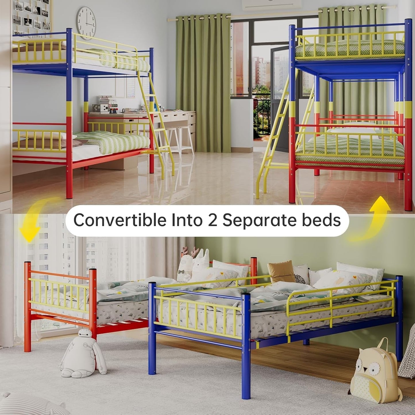 Metal Bunk Bed Twin over Twin,Twin over Full Bunk Bed,Bunk Bed Full over Full,Twin Bunk Beds for Kids with Safety Guardrail and Convertible Bunk Bed Design,Steel Bed for School, Bedroom ShipItFurniture