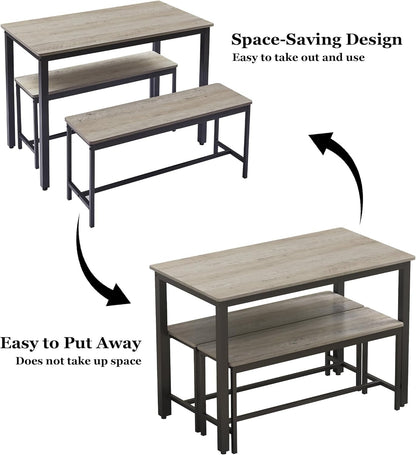 Dining Table Set for 4, Kitchen Room Table Set with 2 Benches, 3-Piece Dining Chairs Set for Breakfast Nook, Grey ShipItFurniture