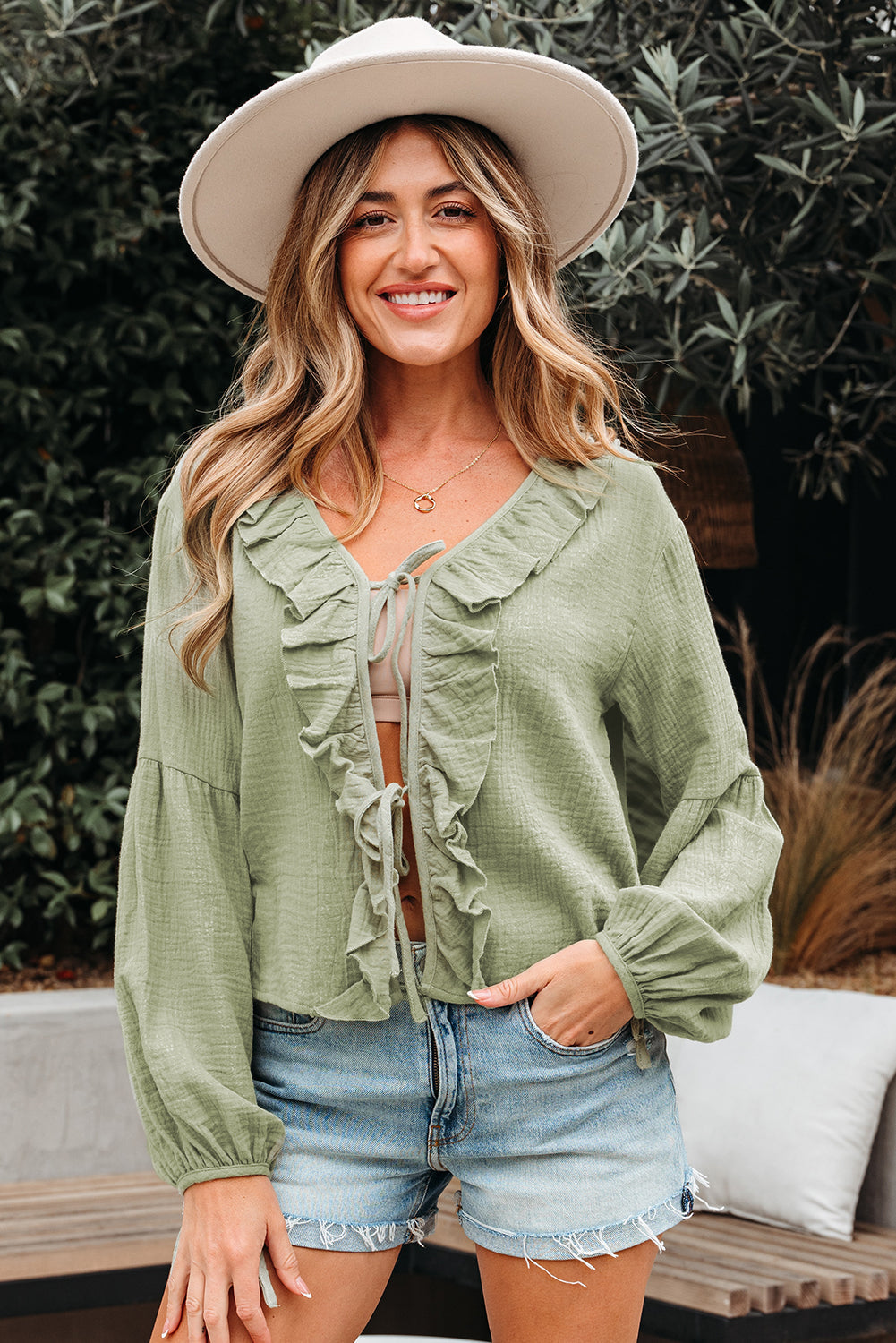 Natalia Bow Tie Front Ruffle Trim Long Sleeve Gauze Blouse - Get it from Bo