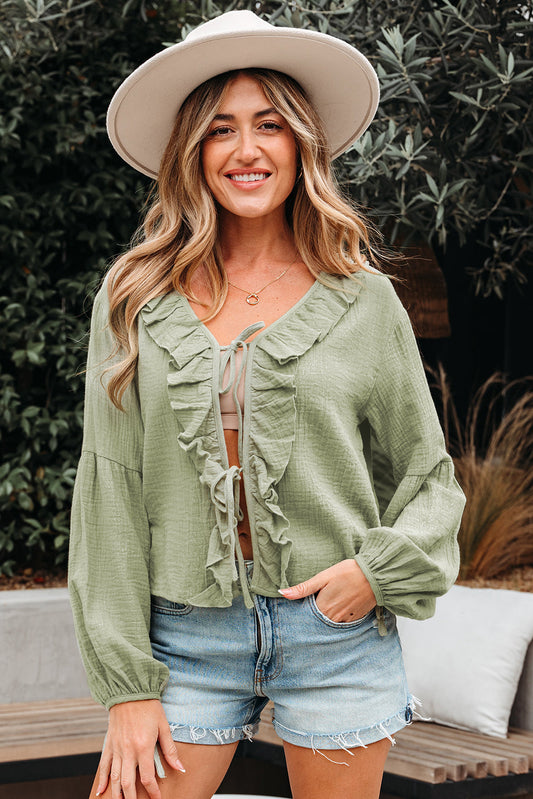 Natalia Bow Tie Front Ruffle Trim Long Sleeve Gauze Blouse - Get it from Bo
