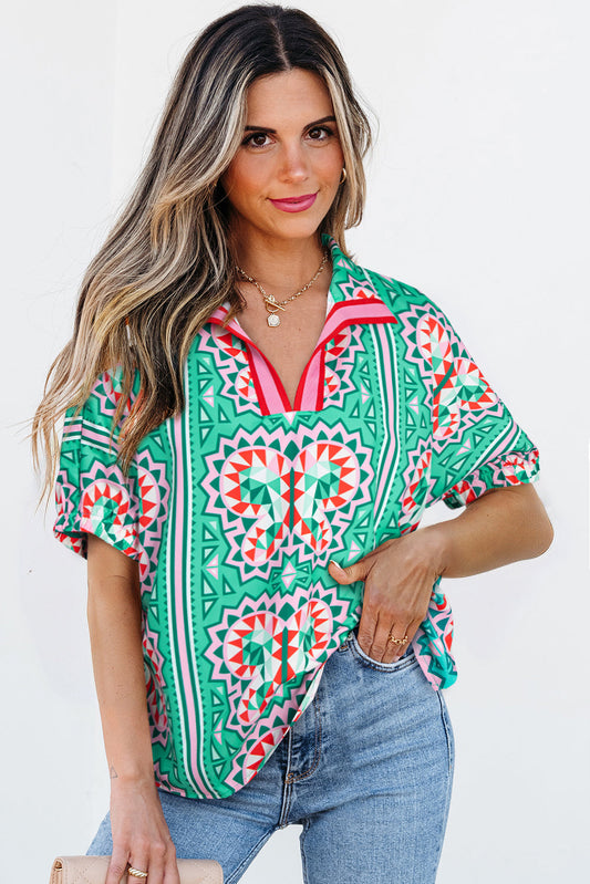 Kamiyah Boho Abstract Striped Collared V Neck Blouse