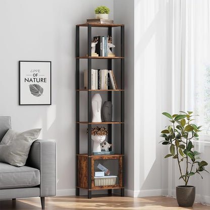 6 Tier Narrow Book Shelf With Door Brown For Small Spaces ShipItFurniture