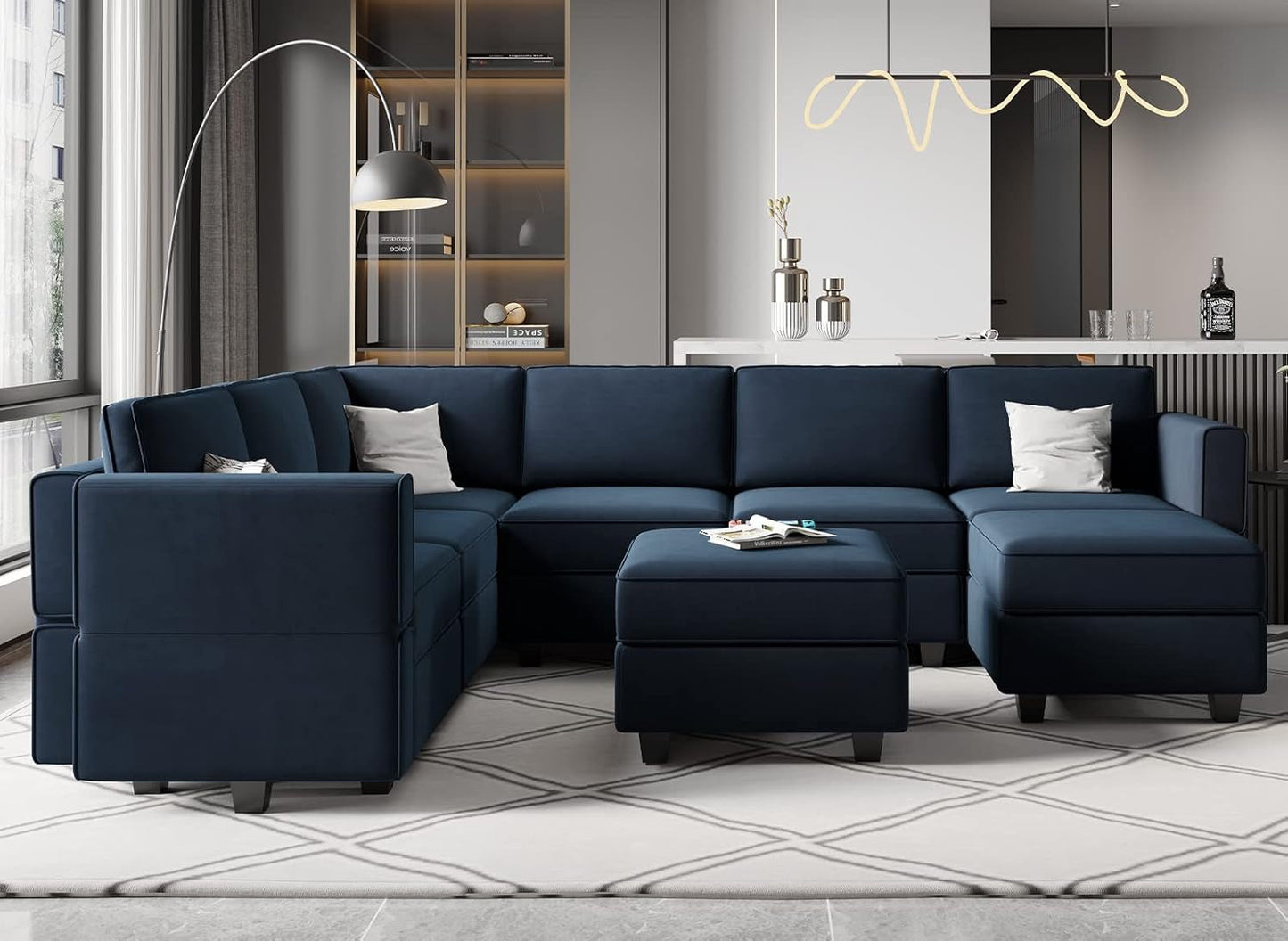 Modular Velvet Sectional Sofa Blue With Storage Ottoman ShipItFurniture