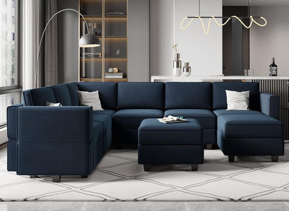 Modular Velvet Sectional Sofa Blue With Storage Ottoman ShipItFurniture
