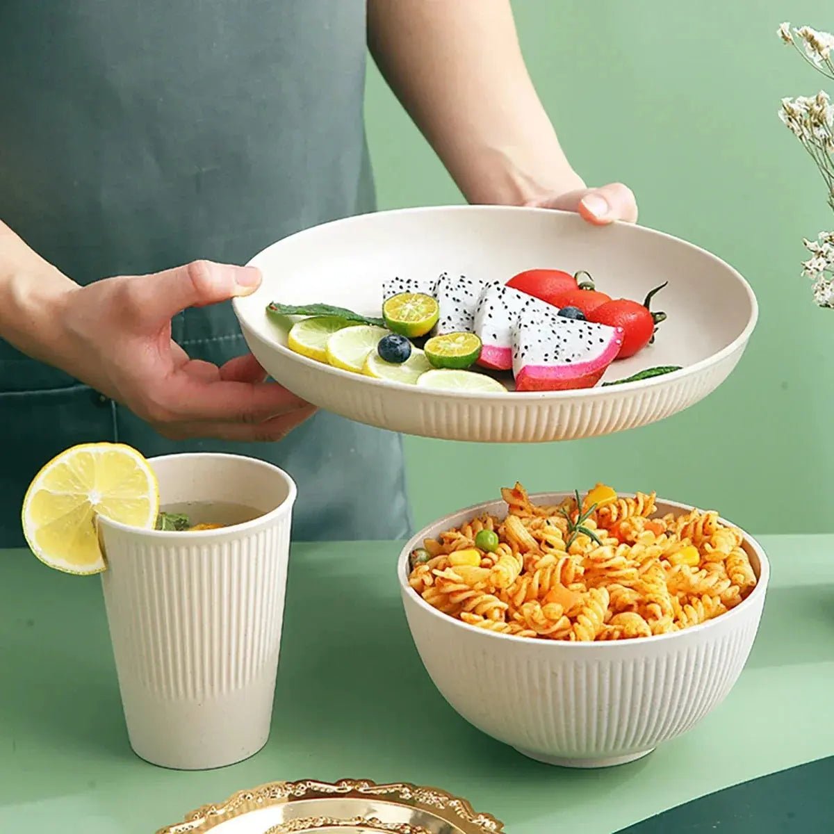 16Pcs Wheat Straw Tablewar Sets Bowl Saucers Plate Sets Portable Picnic Cutlery Knife Fork Black Dinnerware Camping Dishes Full - Get it from Bo