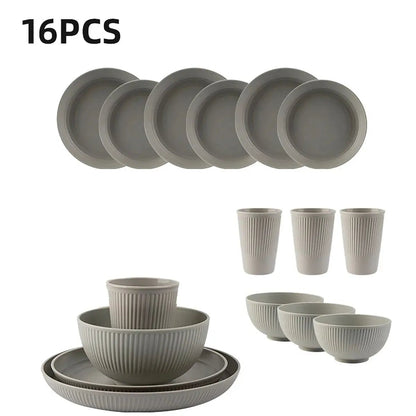 16Pcs Wheat Straw Tablewar Sets Bowl Saucers Plate Sets Portable Picnic Cutlery Knife Fork Black Dinnerware Camping Dishes Full - Get it from Bo