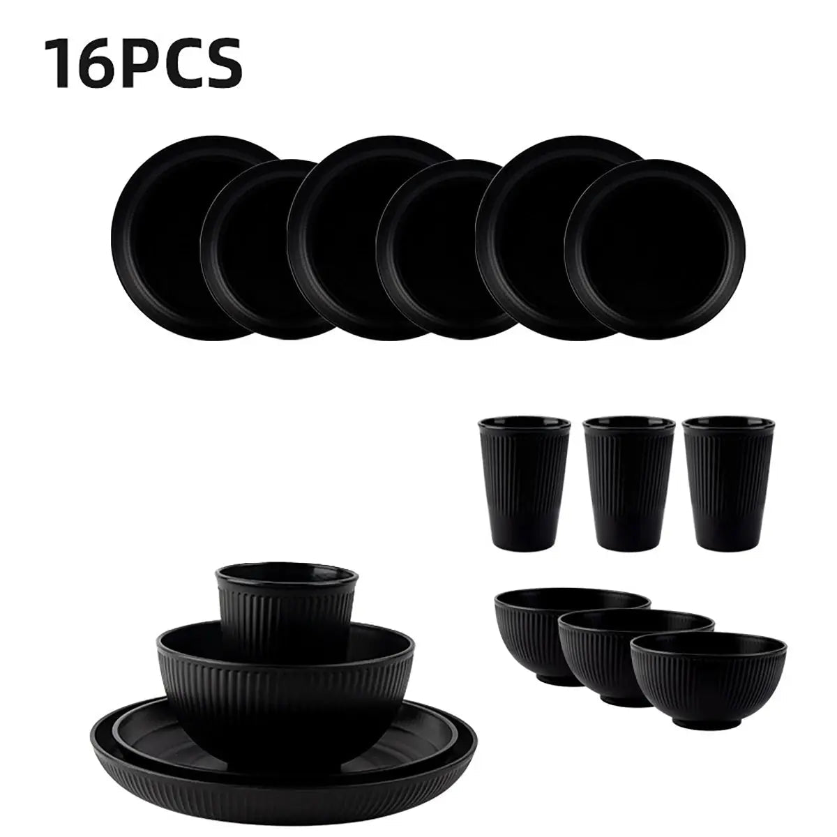 16Pcs Wheat Straw Tablewar Sets Bowl Saucers Plate Sets Portable Picnic Cutlery Knife Fork Black Dinnerware Camping Dishes Full - Get it from Bo