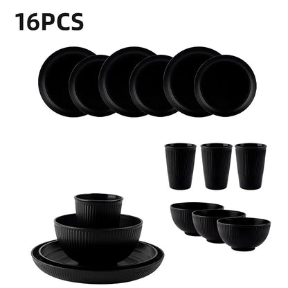 16Pcs Wheat Straw Tablewar Sets Bowl Saucers Plate Sets Portable Picnic Cutlery Knife Fork Black Dinnerware Camping Dishes Full - Get it from Bo