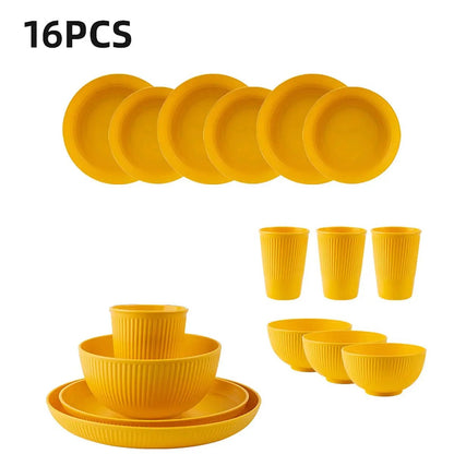 16Pcs Wheat Straw Tablewar Sets Bowl Saucers Plate Sets Portable Picnic Cutlery Knife Fork Black Dinnerware Camping Dishes Full - Get it from Bo