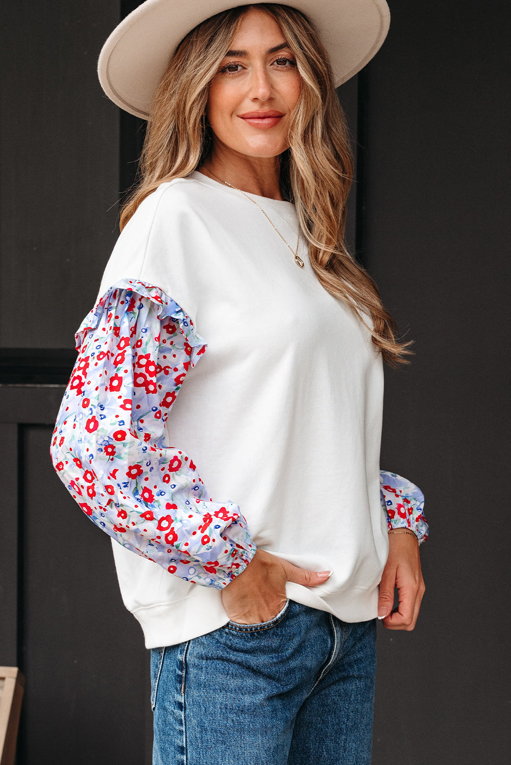 Isabel Floral Ruffled Balloon Sleeve Loose Blouse Threaded Pear
