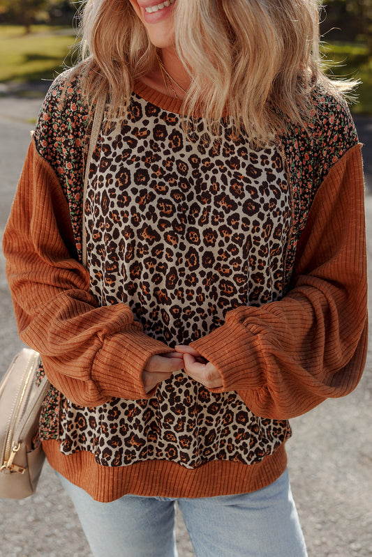 Natalie Leopard & Floral Patchwork Loose Top Threaded Pear
