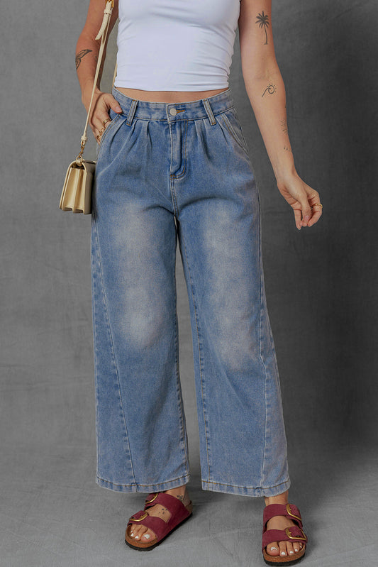 Scottie Blue Washed Pleated Detail Wide Leg Jeans Threaded Pear